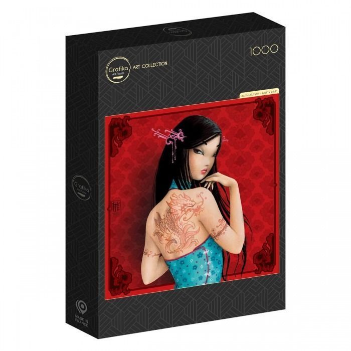 A digital illustration of a young woman with a dragon tattoo on her back against a red patterned background.