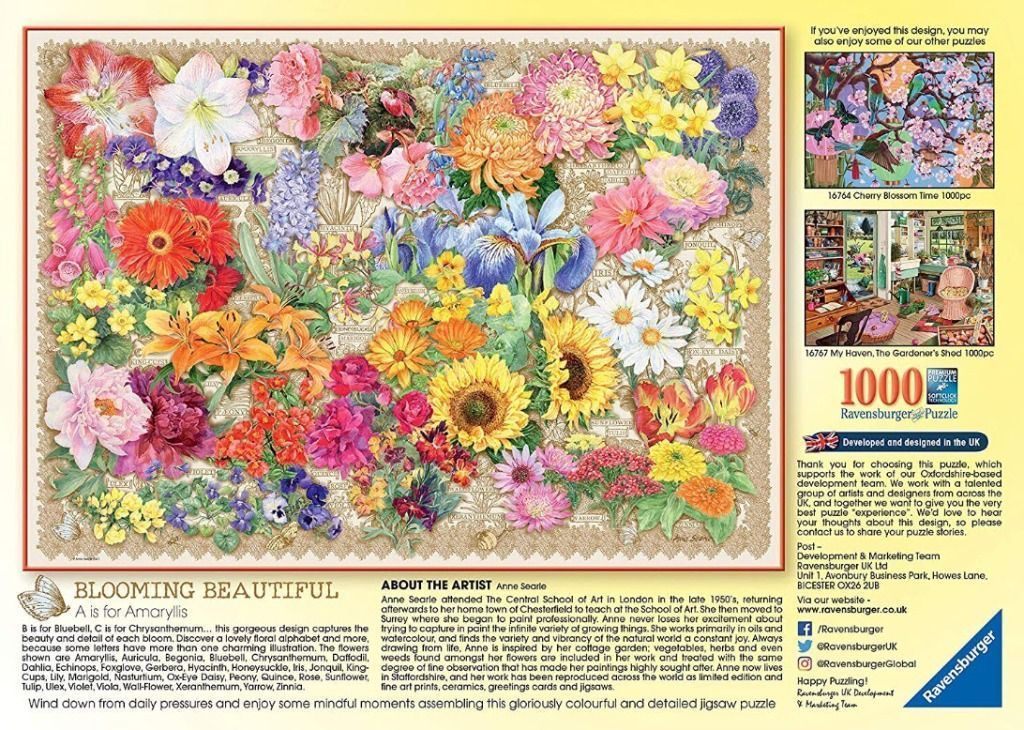 A lush botanical illustration featuring a dense, colorful arrangement of various garden flowers.