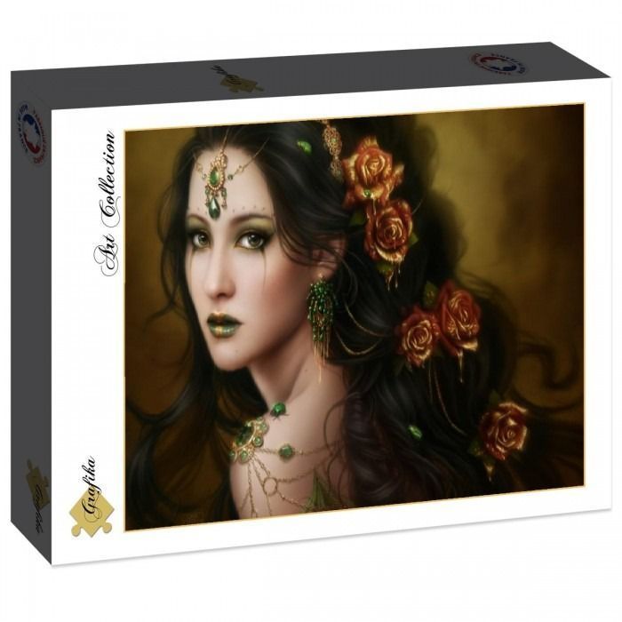Digital fantasy portrait of a woman with dark hair, green and gold makeup, and rose adornments.