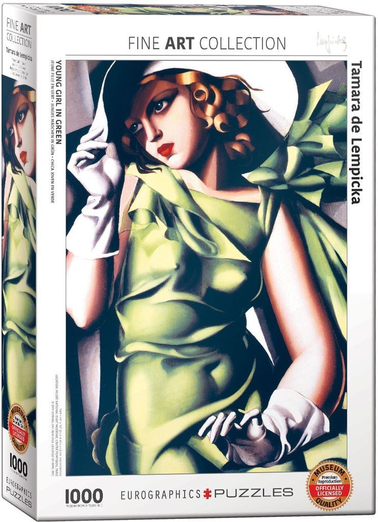 Art Deco portrait of a young woman in a green dress and white hat by Tamara de Lempicka