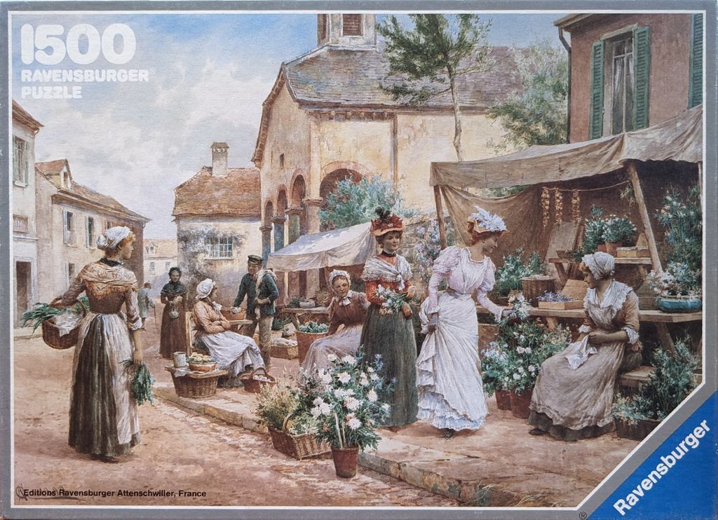 An oil painting of a 19th-century village flower market with women in period clothing.