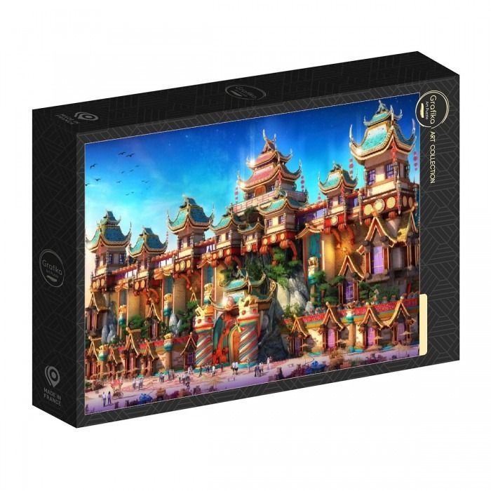 An ornate East Asian-style palace complex at dusk with teal-roofed towers, glowing lanterns, and a bustling courtyard.