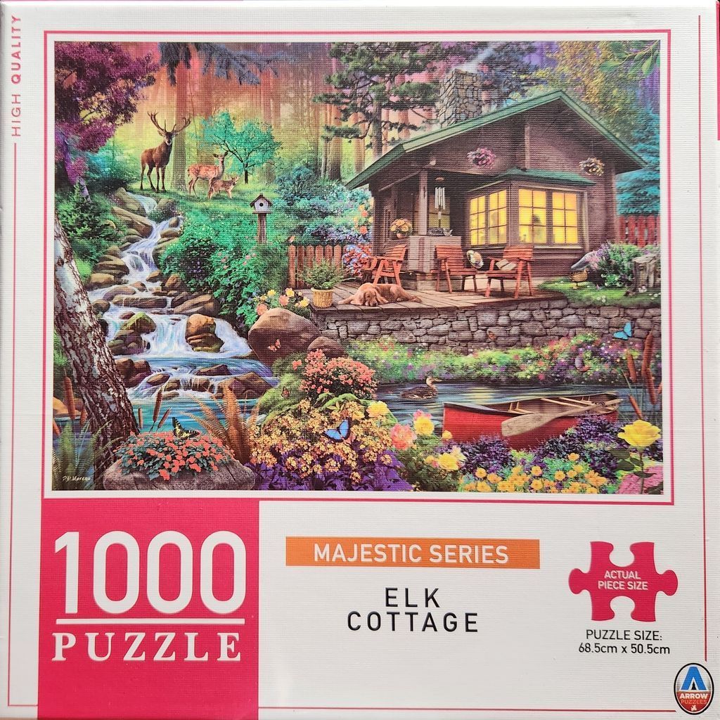A scenic forest cottage beside a mountain stream with deer, a canoe, and blooming flowers.
