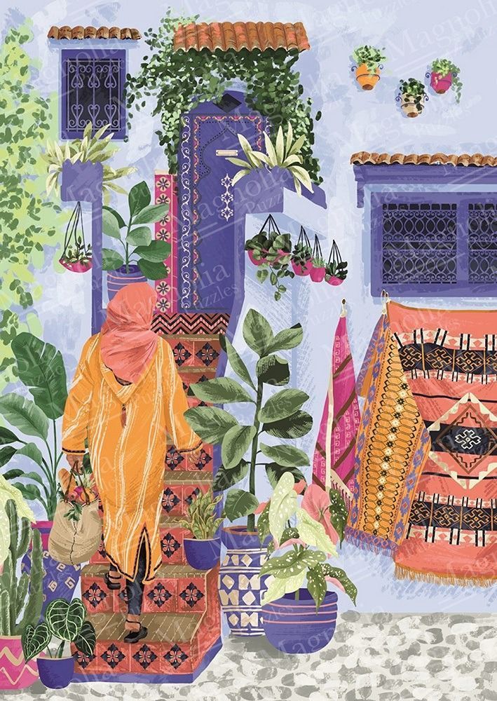 A person in an orange tunic walking up stone steps toward a vibrant blue doorway surrounded by lush potted plants.