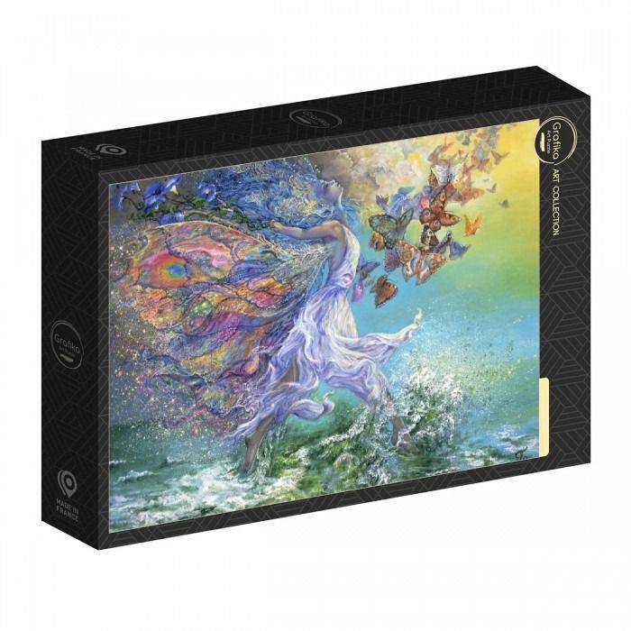 A whimsical painting of a fairy with peacock-feather wings walking through sea foam with a swarm of butterflies.