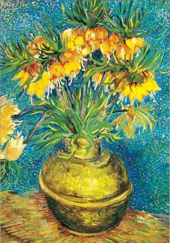 Impressionist painting of vibrant yellow imperial crown flowers in a rustic copper vase against a stippled blue background.
