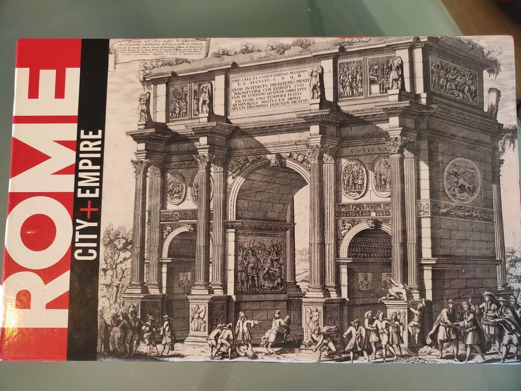 Etching of the Arch of Constantine in Rome featuring historical figures at the base.