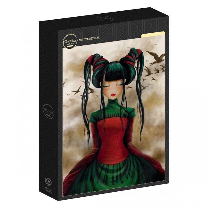 Digital illustration of a girl with dark green pigtails, closed eyes, and a red and green dress against a cloudy sky.