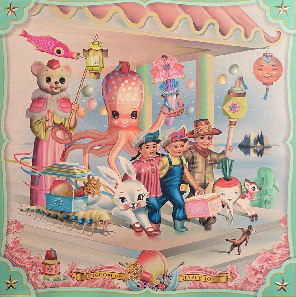 Whimsical illustration of anthropomorphic creatures and children in a fantasy setting labeled Kingdom of Happy Joy.