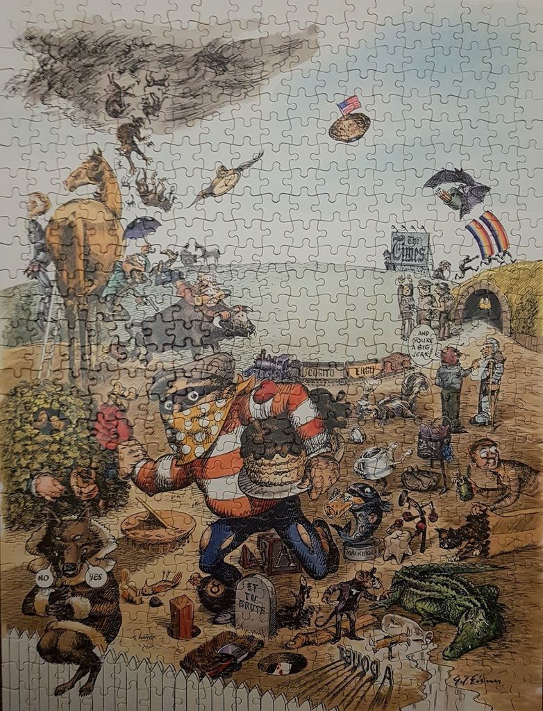 A detailed, whimsical ink-and-wash cartoon filled with surreal characters and strange, humorous scenes.