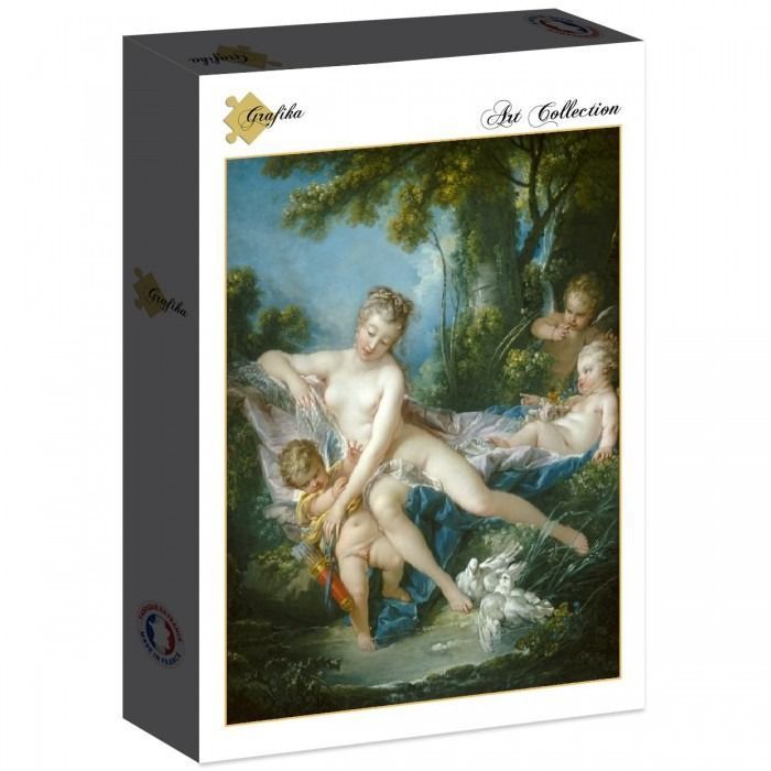 An 18th-century Rococo style oil painting depicting Venus with cupids and doves in a lush garden setting.