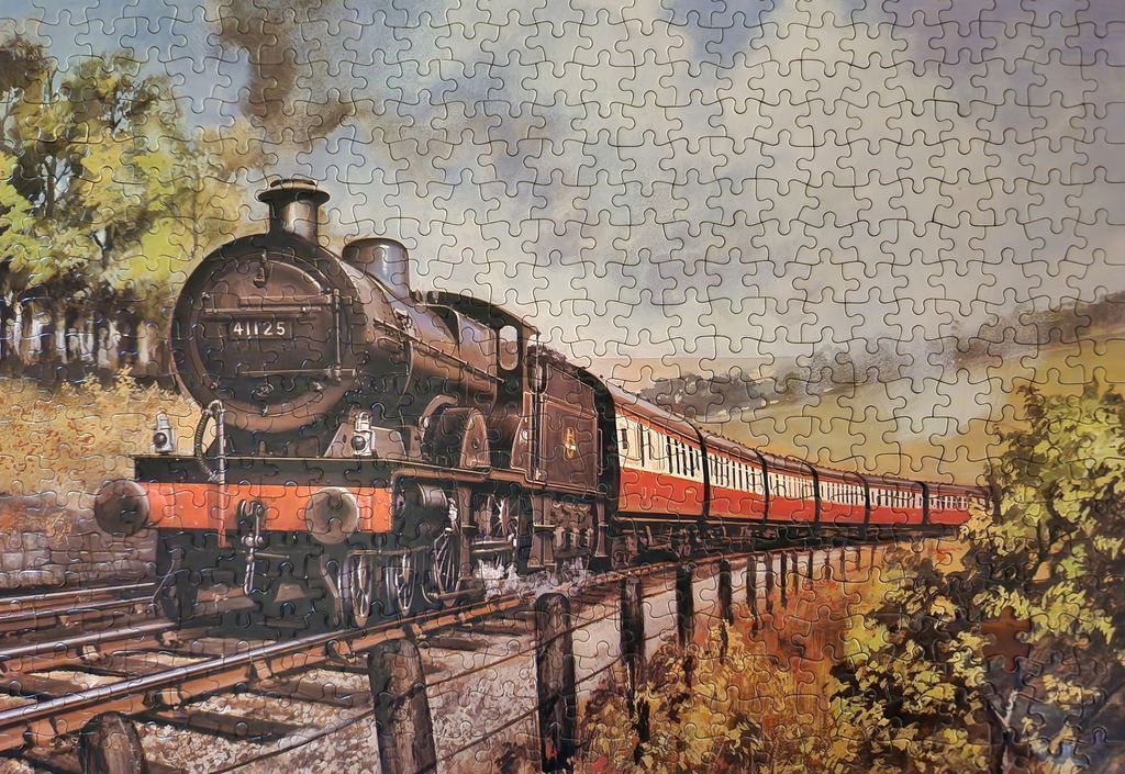 A vintage steam locomotive pulling a passenger train through a scenic rural landscape.
