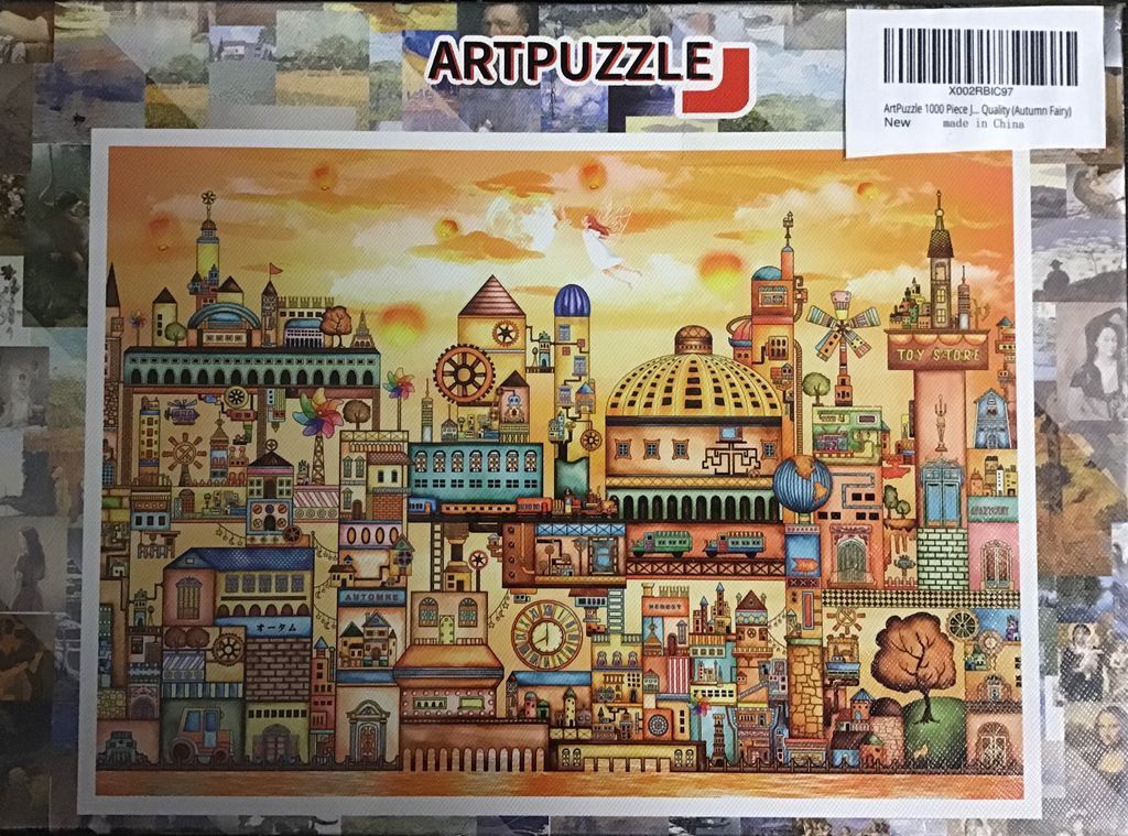 Illustration of a whimsical, multi-layered fantasy city bathed in warm autumn sunset tones.