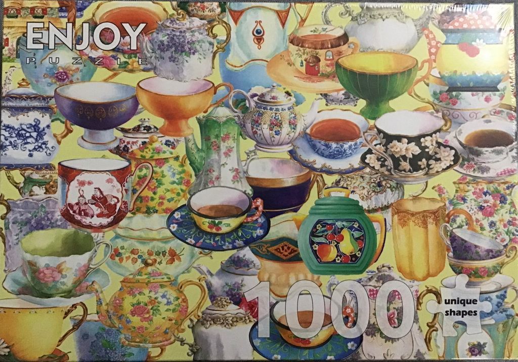 A collage of various vintage teacups, saucers, and teapots in an illustration style on a pale yellow background.