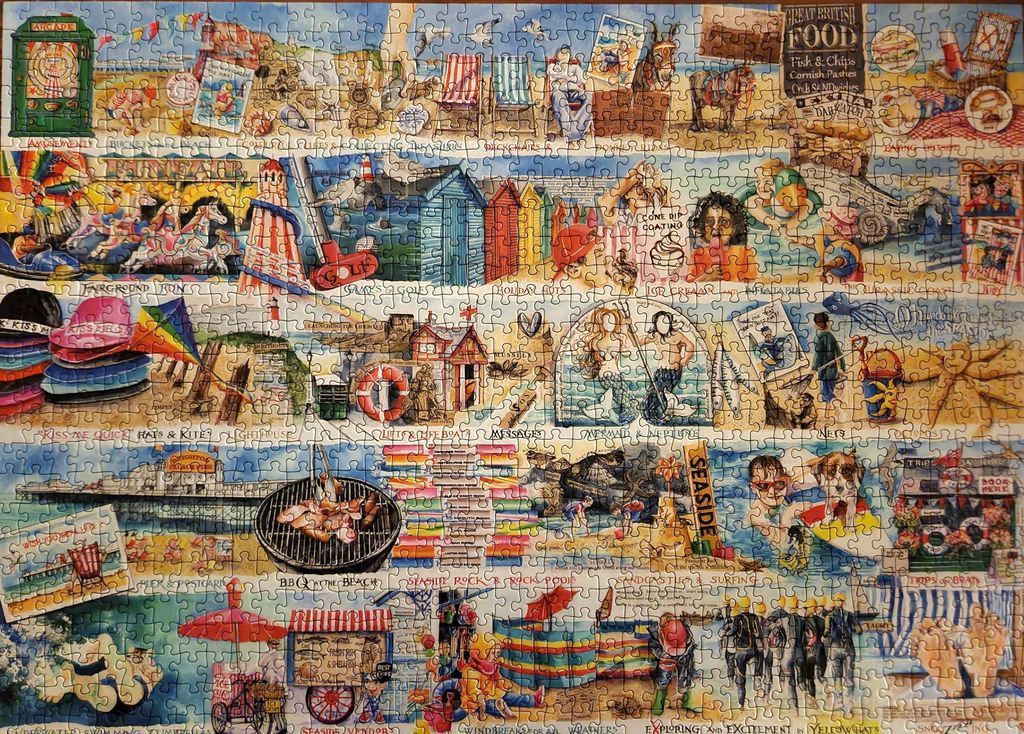 A whimsical collage of a traditional British seaside scene featuring food, activities, and holiday motifs.