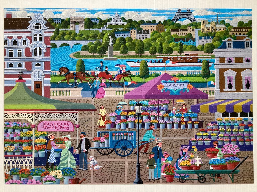 Illustration of a bustling Parisian flower market scene with iconic landmarks in the background.