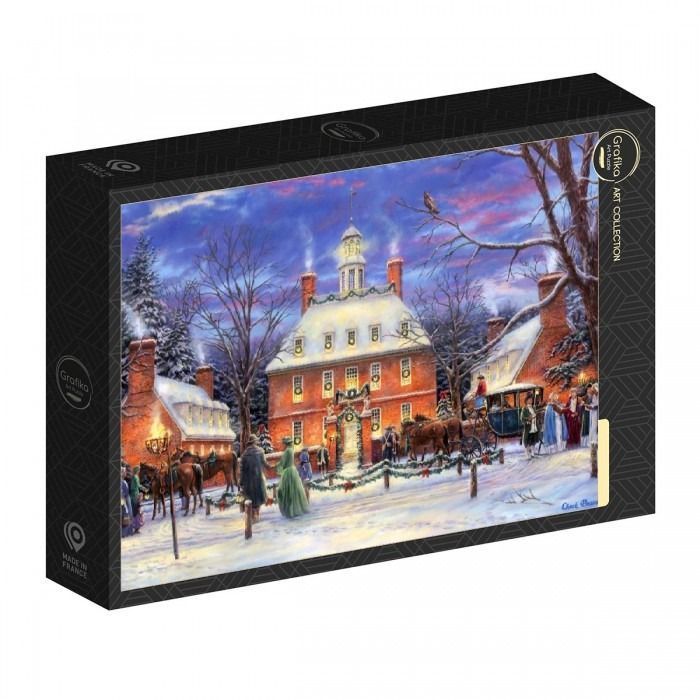 A festive 18th-century scene of a snow-covered colonial building with horse-drawn carriages and people in period attire.