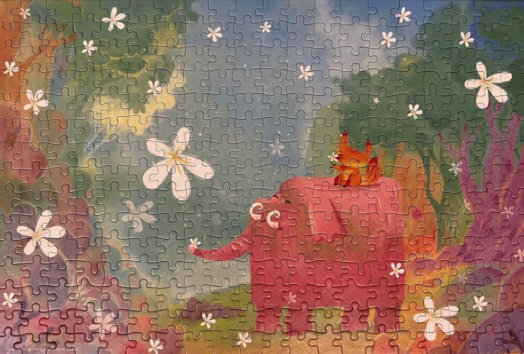 An illustration of a small orange fox sitting on the back of a large pink elephant in a whimsical forest setting.