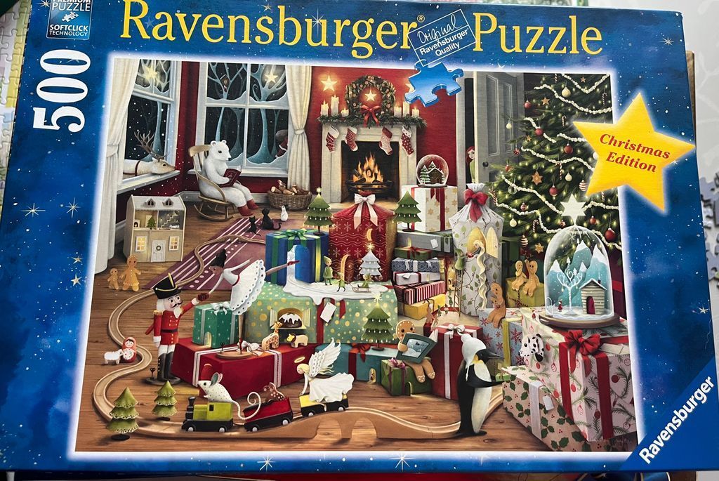 An illustration of a cozy, whimsical Christmas scene with a polar bear, nutcracker, and many colorful gifts.