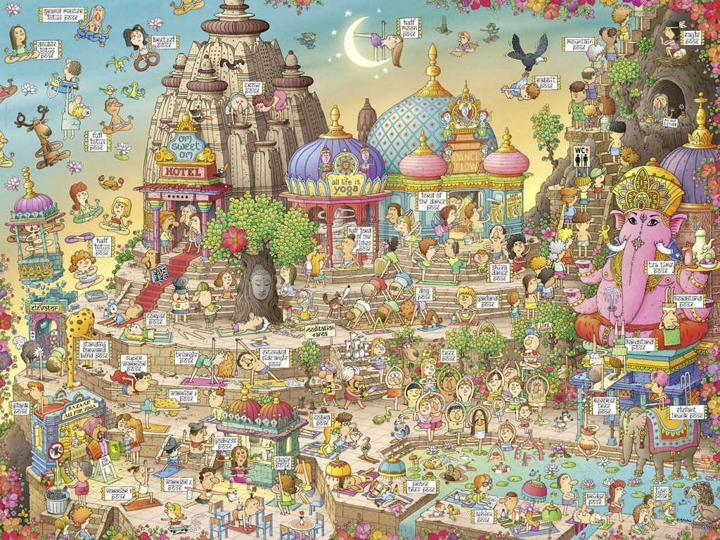 A crowded, cartoonish yoga retreat featuring temples, people, and animals practicing various poses.