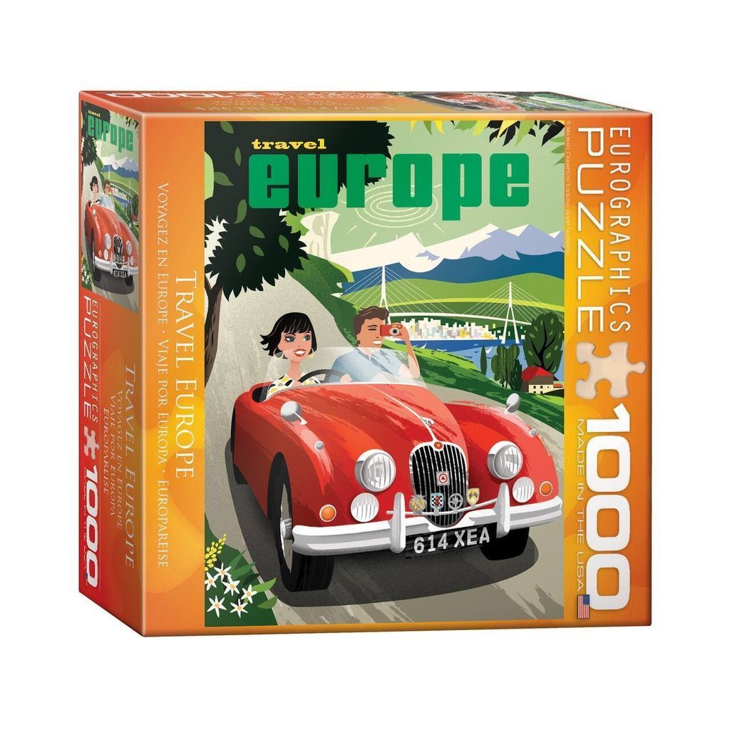 A cartoon illustration of a couple driving a classic red convertible car through a European landscape.