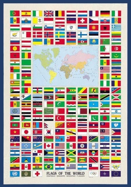 A chart displaying a central world map surrounded by a grid of national flags from around the globe.
