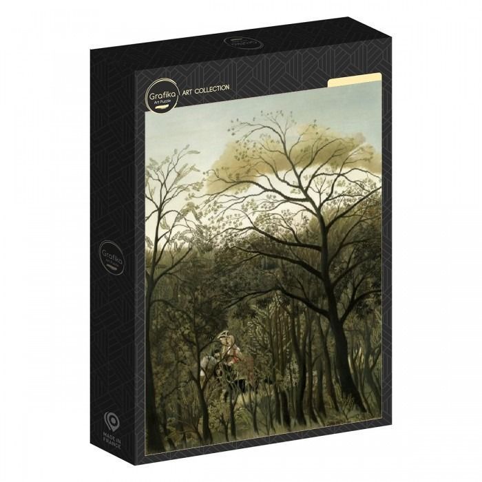 A figure on horseback riding through a dense, dark forest in a vintage oil painting style.