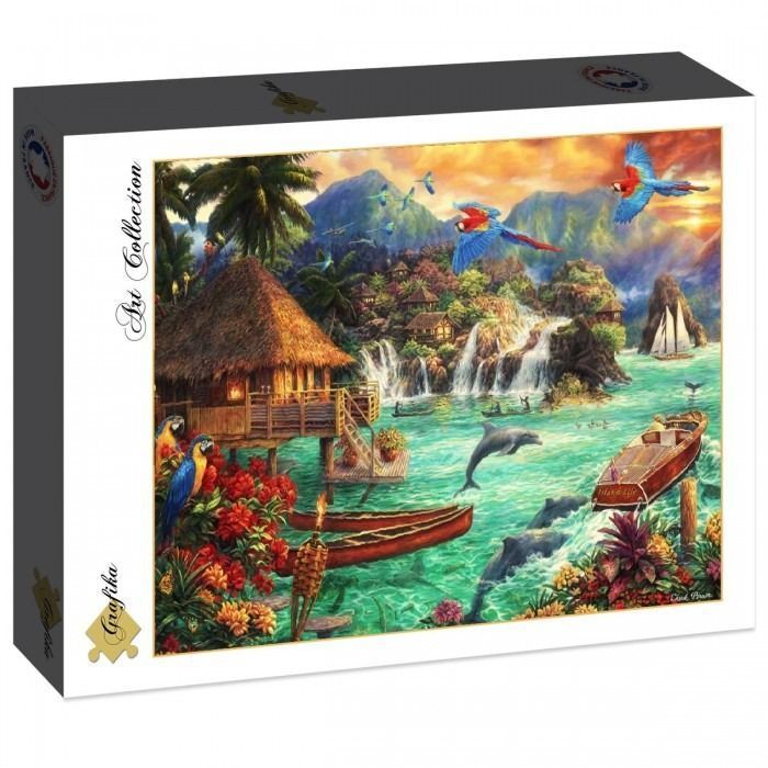 A tropical island paradise scene featuring thatched huts, waterfalls, macaws, and dolphins in the water.