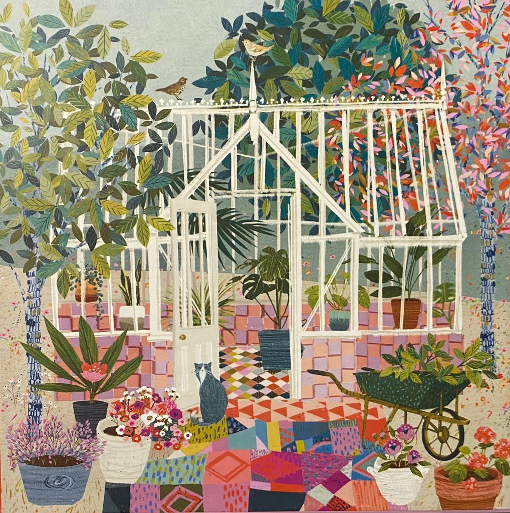 A whimsical illustration of a glass greenhouse surrounded by potted plants and a grey cat on a patterned terrace.