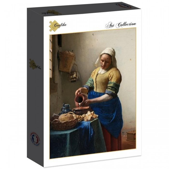 A classic oil painting of a woman pouring milk from a pitcher into a bowl on a table.