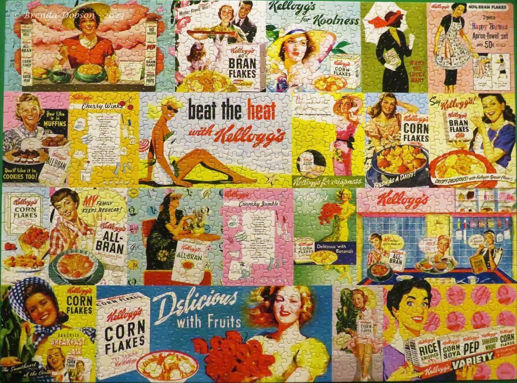 A collage of vintage mid-century advertisements featuring various Kellogg’s breakfast cereal imagery and retro pin-ups.