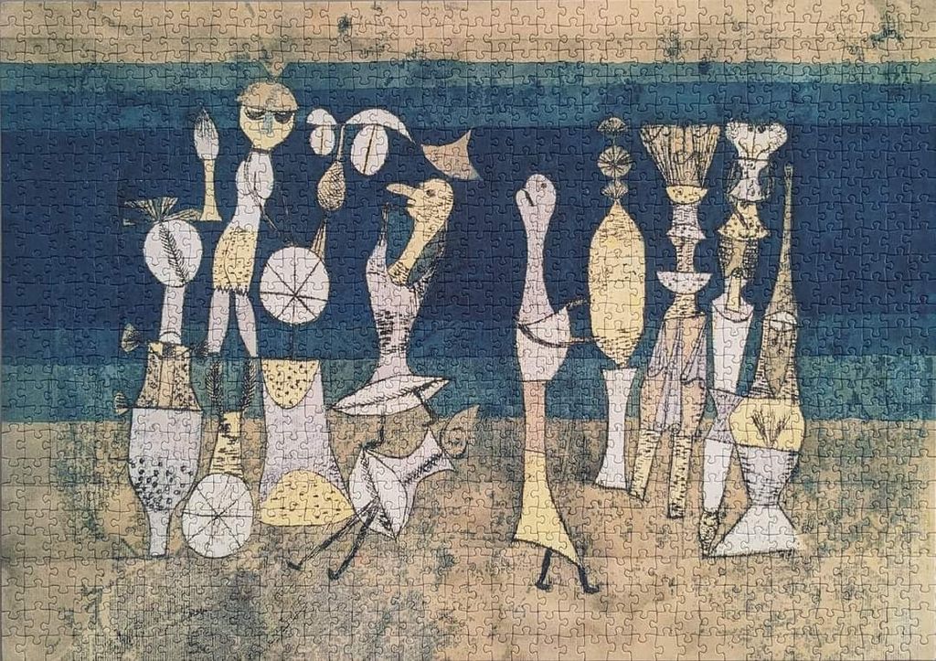 A Paul Klee-style surrealist illustration featuring abstract, spindly figures in a muted landscape of blue and sand tones.