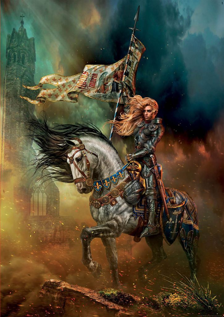 A female warrior in medieval armor riding a dappled grey horse under a turbulent, fiery sky.
