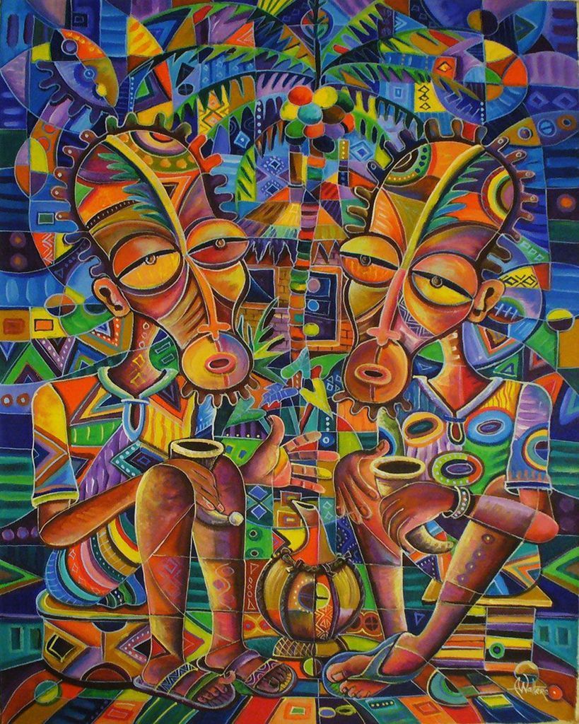 Two stylized figures with elongated heads sitting and drinking together in a vibrant, patterned abstract composition.