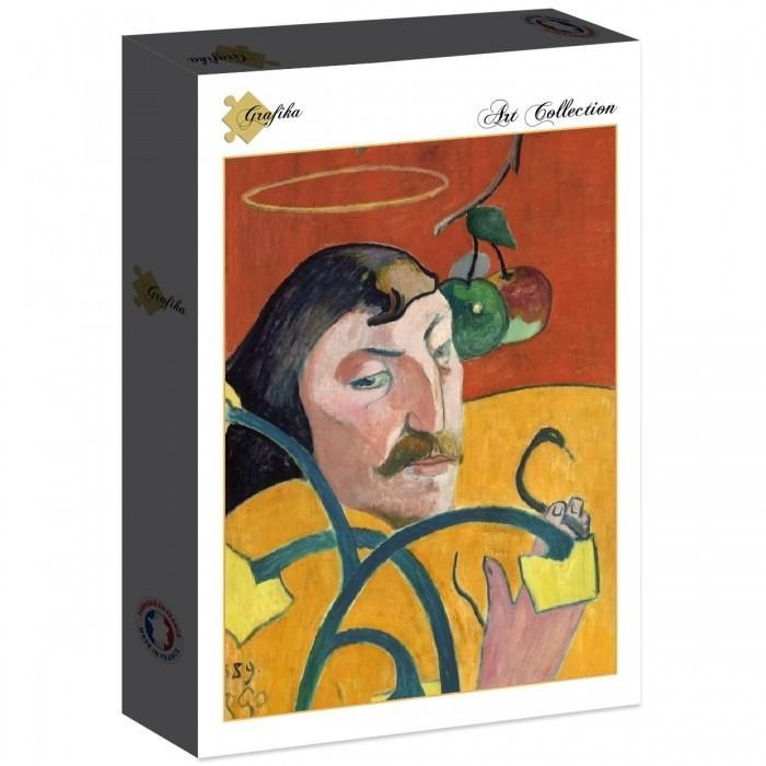 Oil painting of a man with a mustache, halo, and snake, with apples hanging above him, in post-impressionist style.
