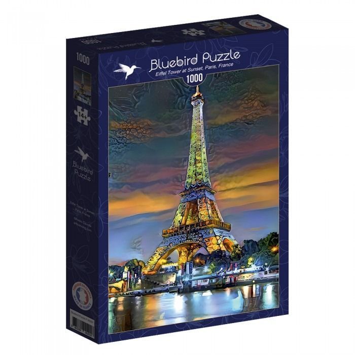 Stylized artistic interpretation of the Eiffel Tower at sunset with vibrant orange and blue tones.