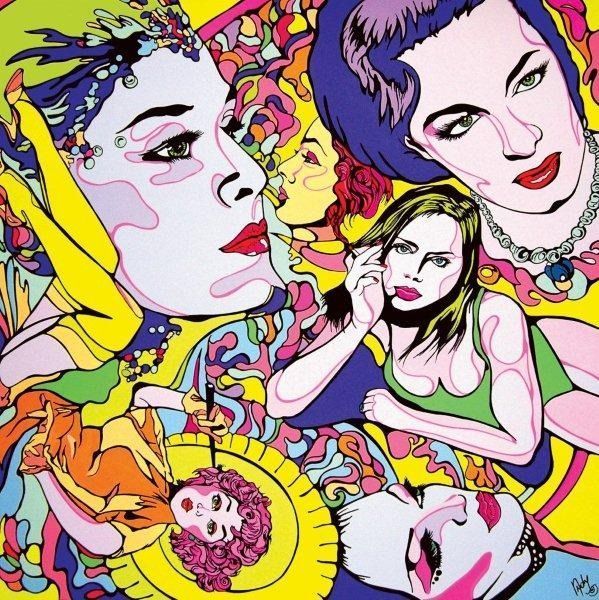 A psychedelic, multi-layered pop-art illustration featuring several female faces and vibrant swirling patterns.