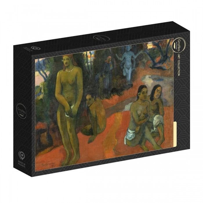 Painting of several figures in a tropical landscape, featuring earthy tones and stylized, symbolic imagery.