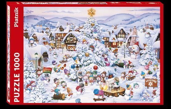 A whimsical snowy village scene filled with dozens of cheerful snowmen celebrating around a large Christmas tree.