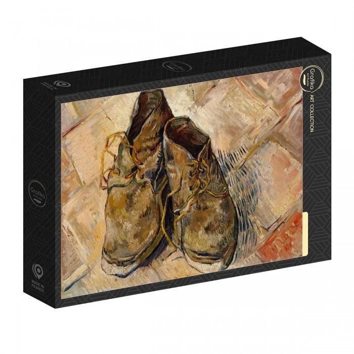 Oil painting of a pair of well-worn leather boots resting on a tiled floor, in the style of Vincent van Gogh.