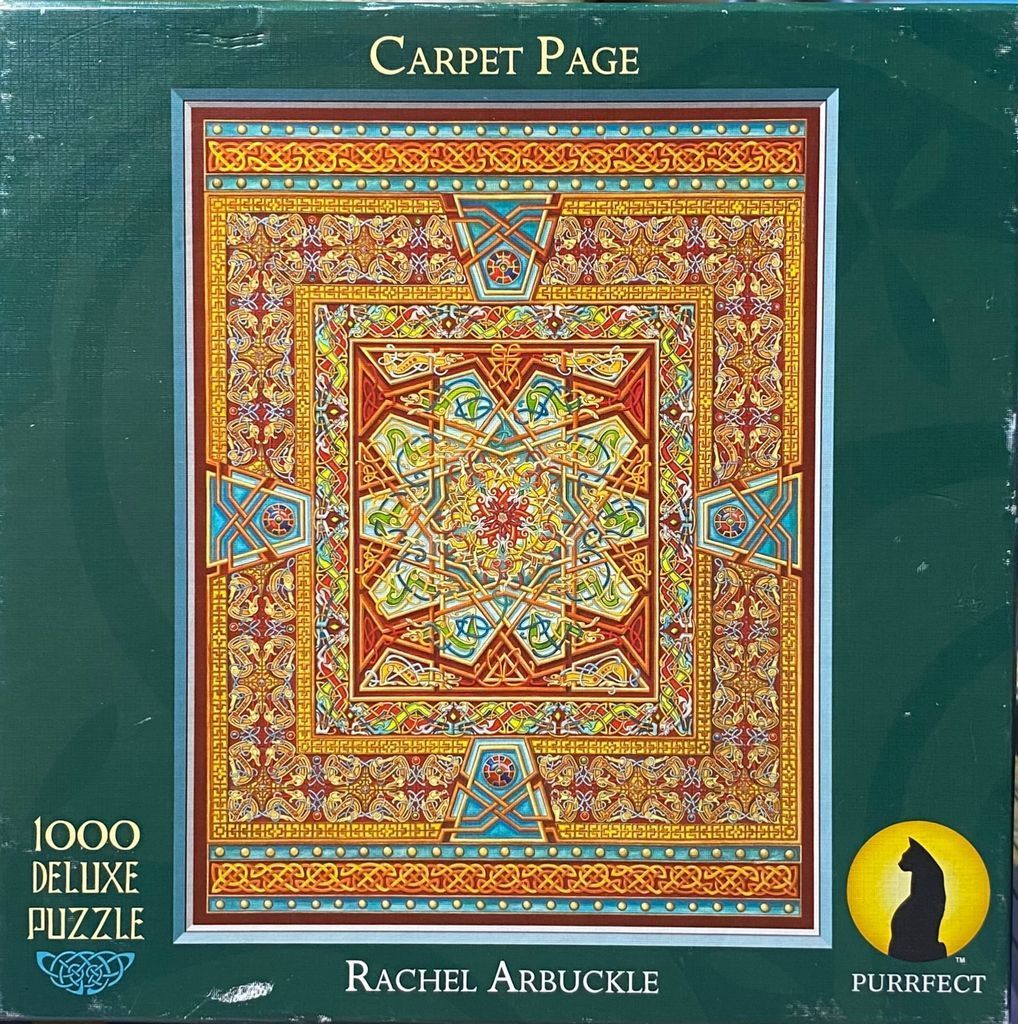 Intricate Celtic-style knotwork artwork featuring symmetrical geometric patterns in gold, red, and blue.