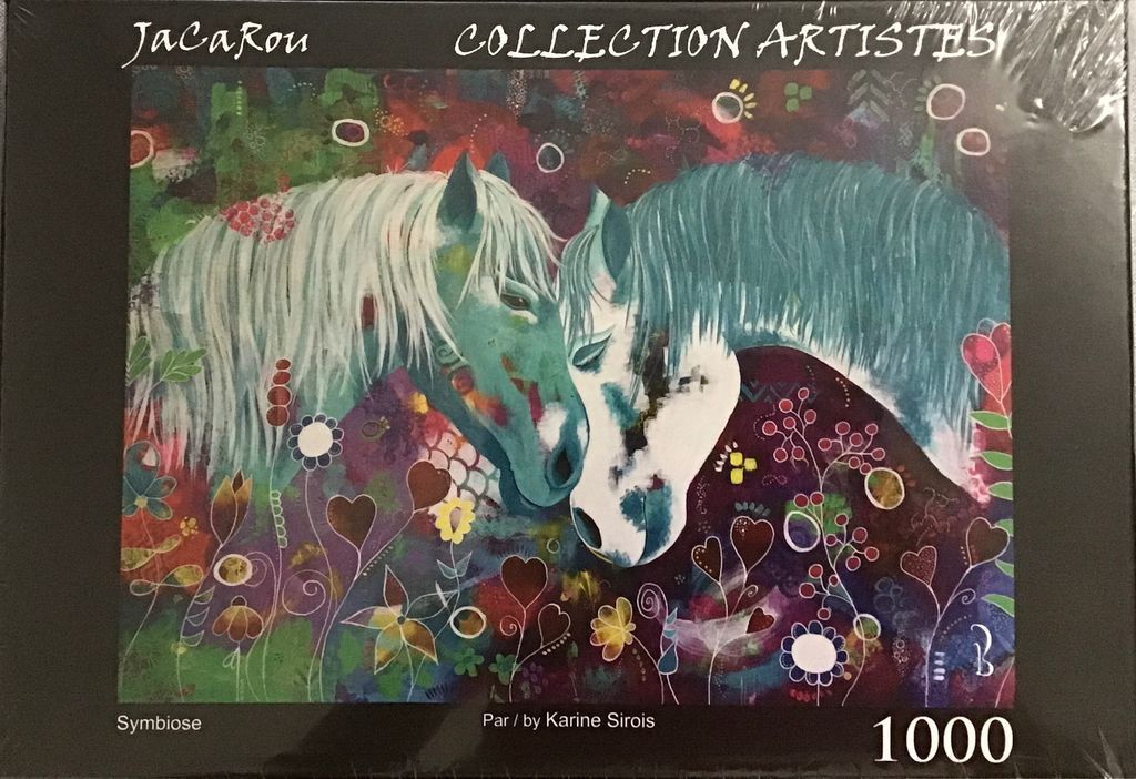 Two horses touching noses surrounded by vibrant, abstract, folk-art-inspired flowers and patterns.