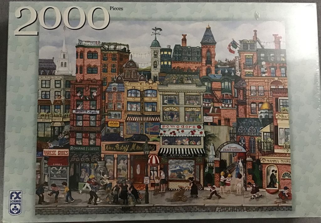 A whimsical illustration of a busy city street with multi-story brick buildings, storefronts, and pedestrians.
