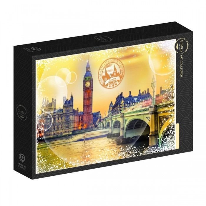 A stylized photographic view of Big Ben and Westminster Bridge at sunset, featuring artistic bubble overlays.