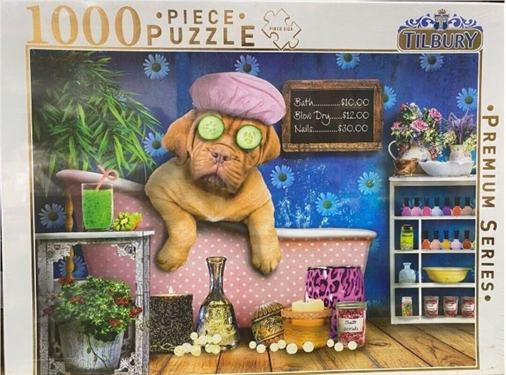 A Dogue de Bordeaux puppy in a spa setting with a shower cap and cucumber slices on its eyes.