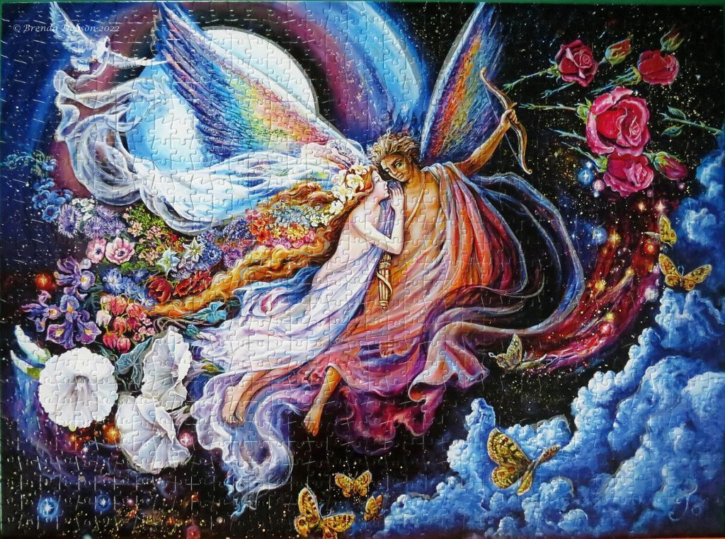 A fantastical illustration of two winged figures embracing amidst a starry sky, flowers, and butterflies.