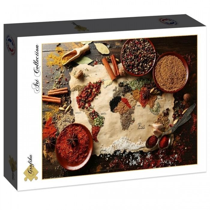 A world map created from various colorful spices arranged on weathered parchment.