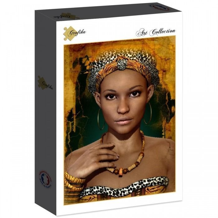 A digital portrait of a woman with a leopard-print headwrap and golden jewelry against a textured, dark background.