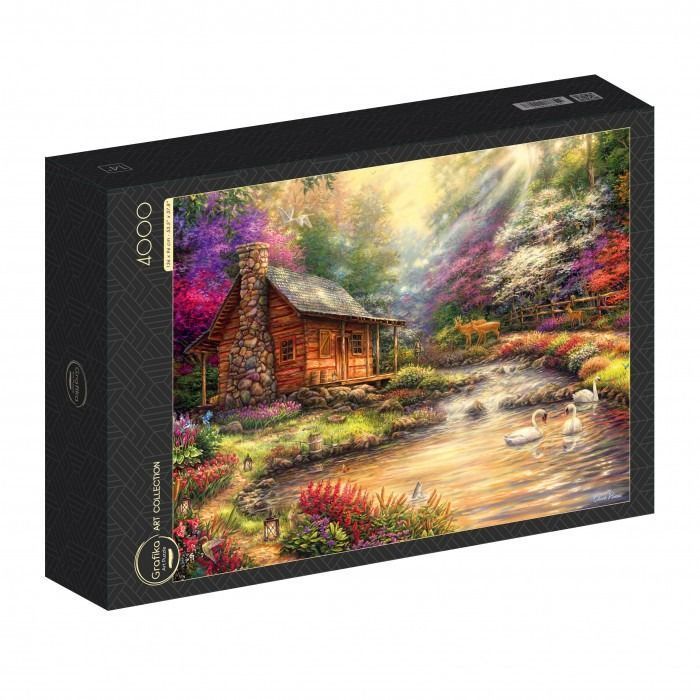 A log cabin sits by a stream with deer and swans in a vibrant, sunlit forest garden.