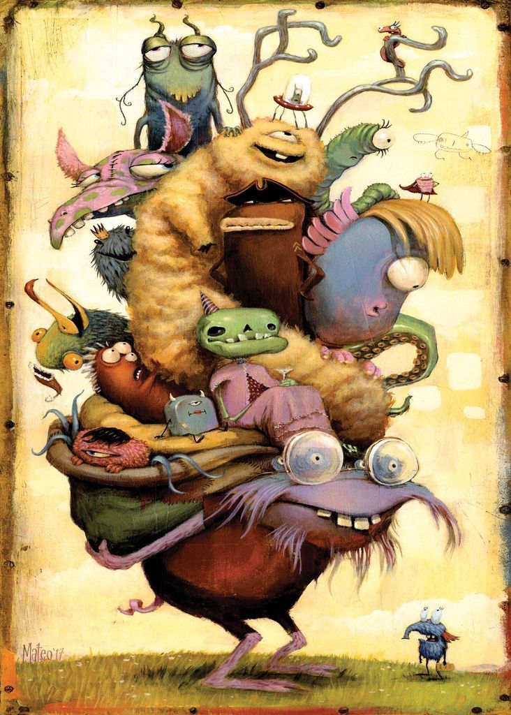 An eccentric group of colorful, quirky cartoon monsters stacked on top of a large creature wearing spectacles.